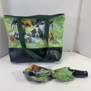 Giordano Art Green Dog puppy Dalmatian Print Tote Bag and matching umbrella